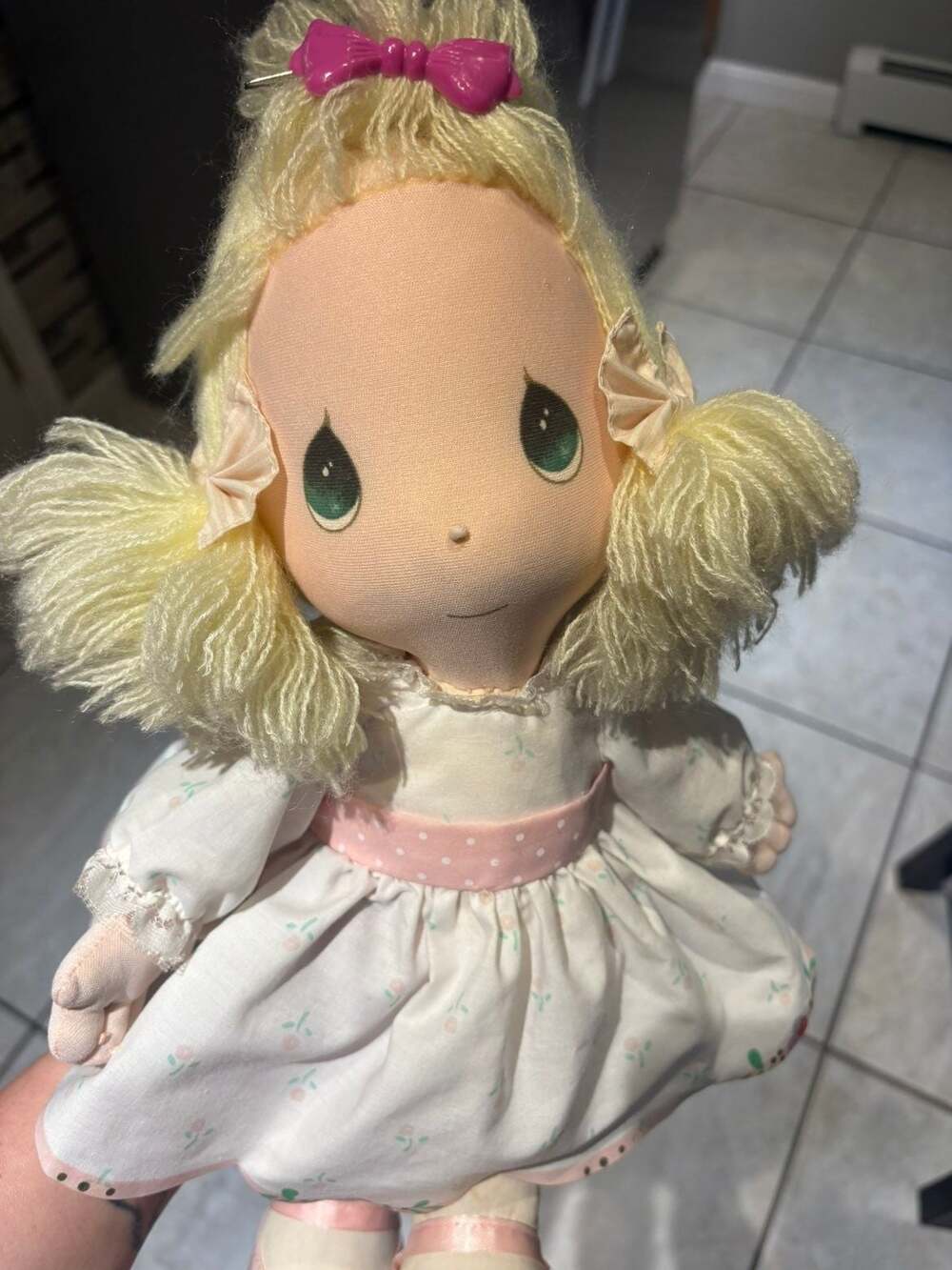 Vintage Precious Moments Plush Doll Blonde Hair Floral Dress